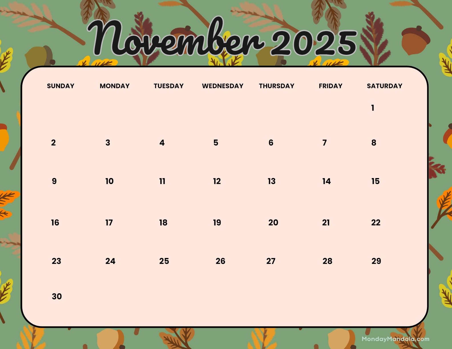 November 2025 Calendar Printable Autumn Landscape