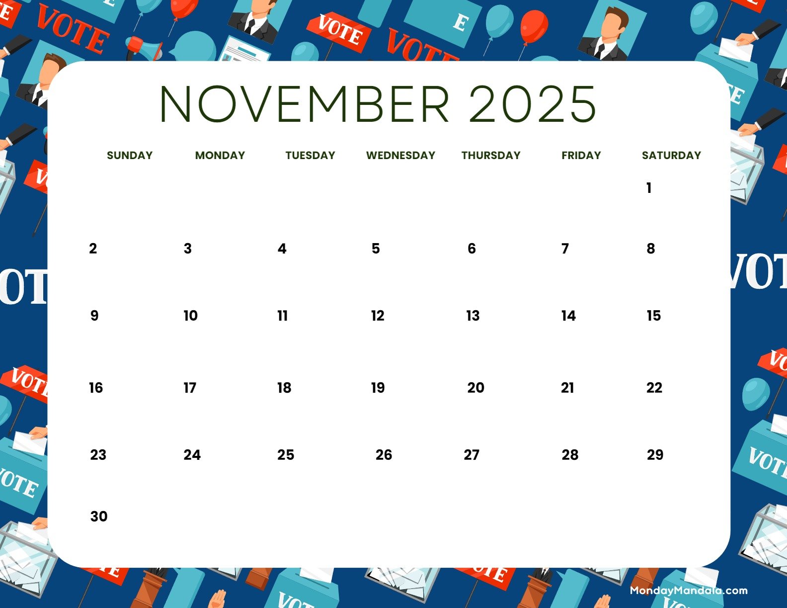 November 2025 Calendar Printable Election Landscape