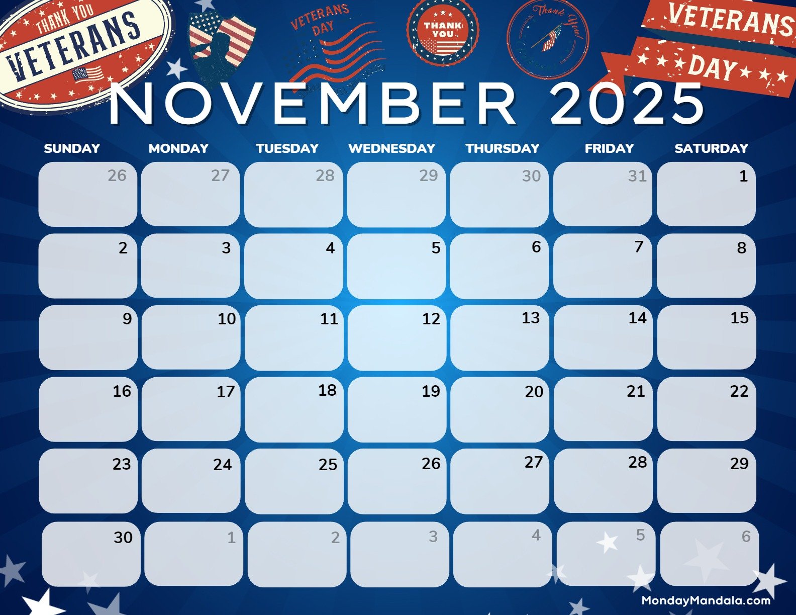 November 2025 Calendar Printable Veteran’s Day Landscape