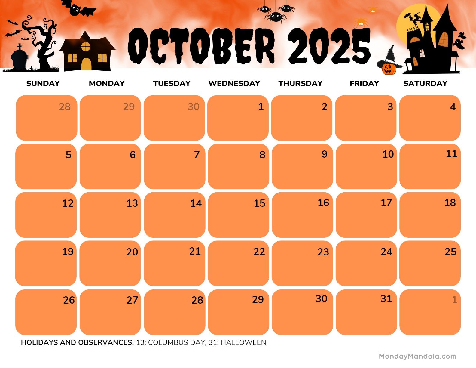 October 2025 Calendar Printable Haunted Landscape2