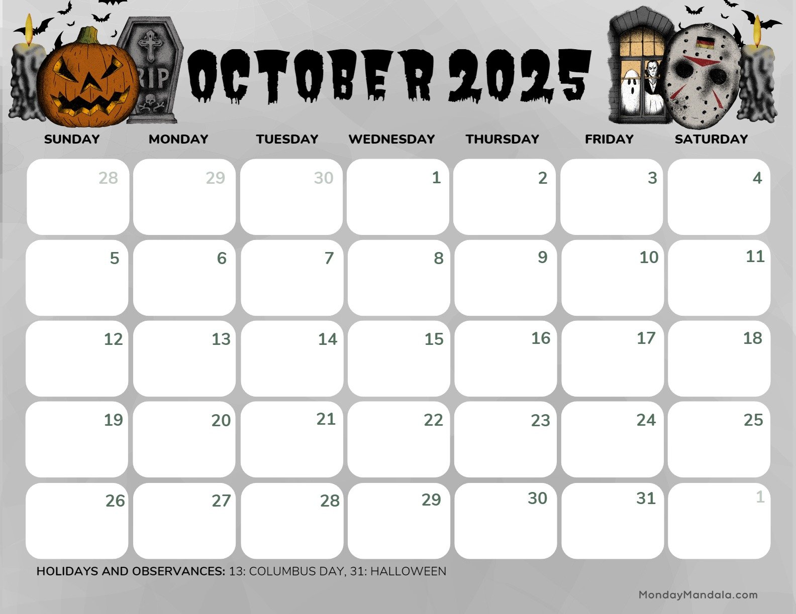 October 2025 Calendar Printable Horror Landscape2