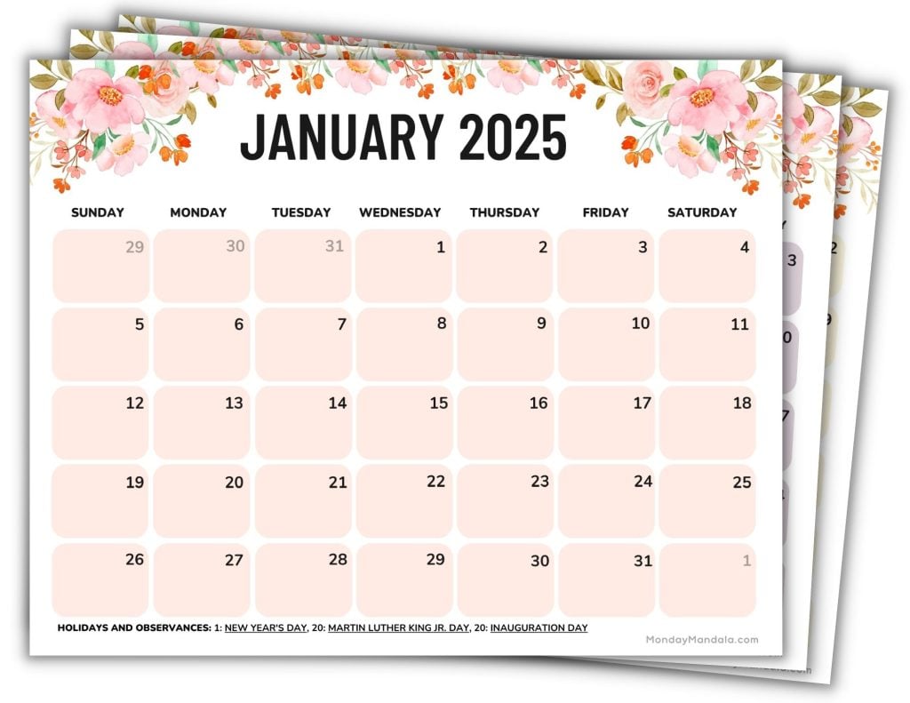 Printable 2025 Calendars Landscape Flowers