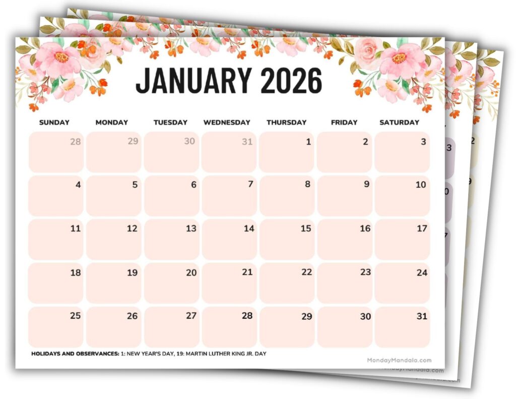 Printable 2026 Calendars Landscape Flowers