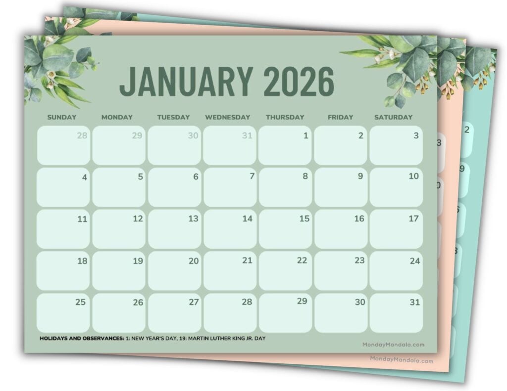 Printable 2026 Calendars Landscape Green