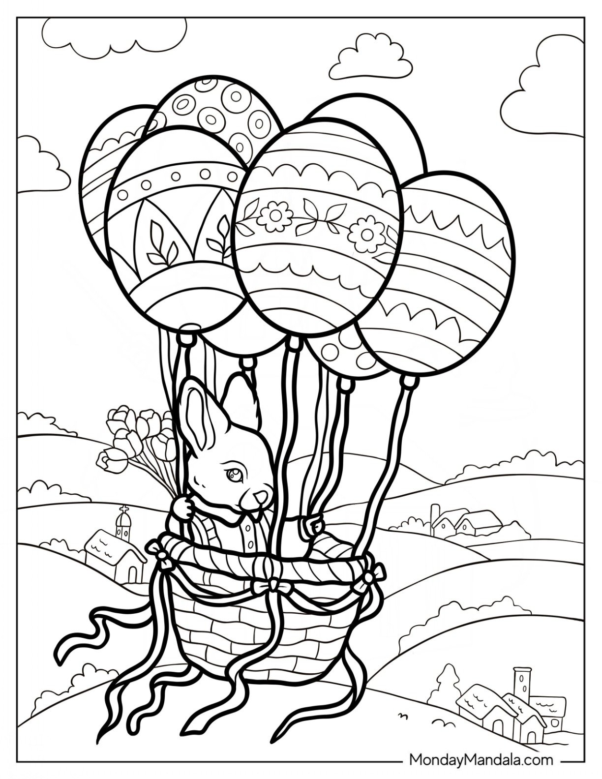 Easter Coloring Page Of Rabbit Flying In An Easter Egg Hot Air Balloon