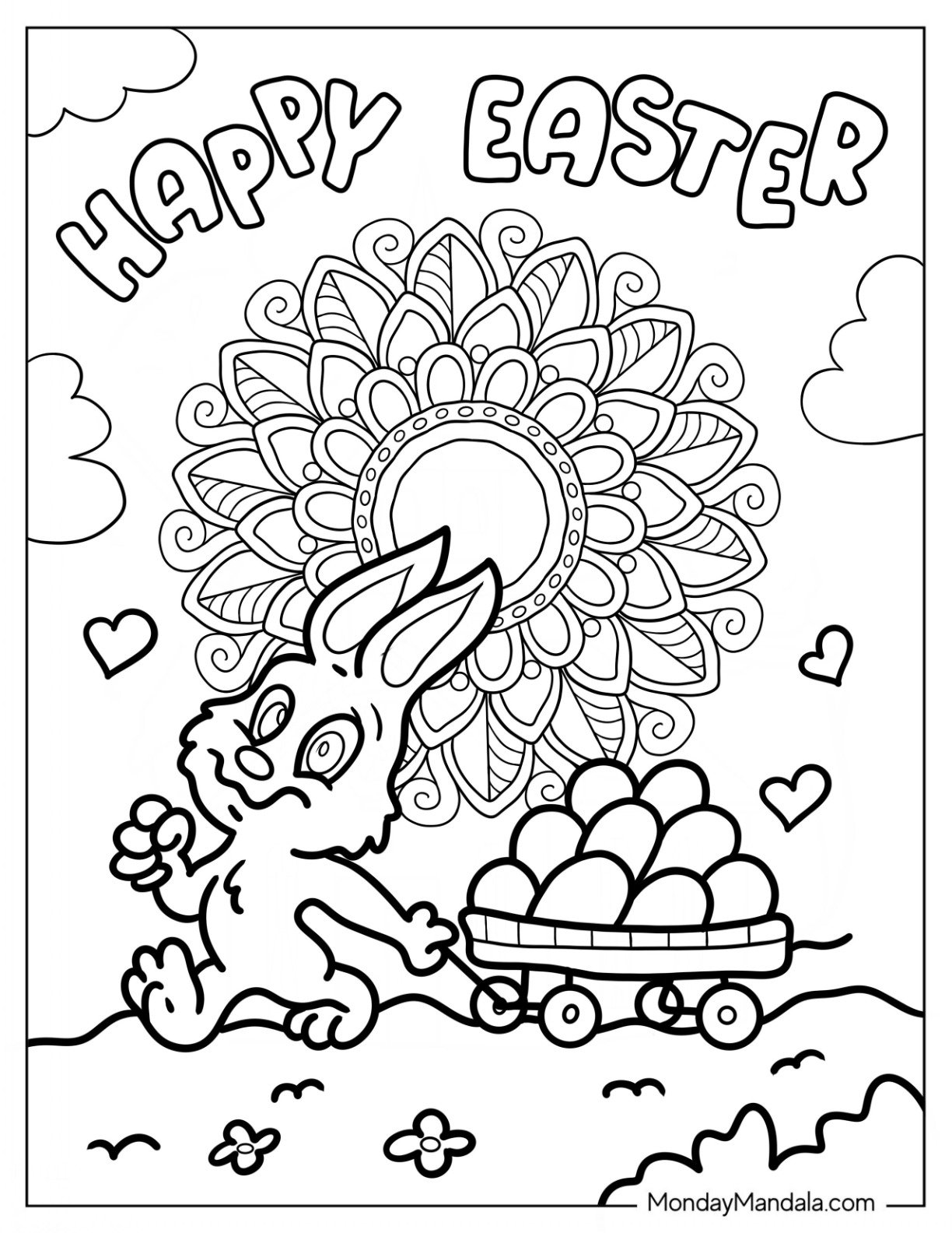Easter Coloring Page Of Rabbit Pulling Wheelbarrow Full Of Easter Eggs