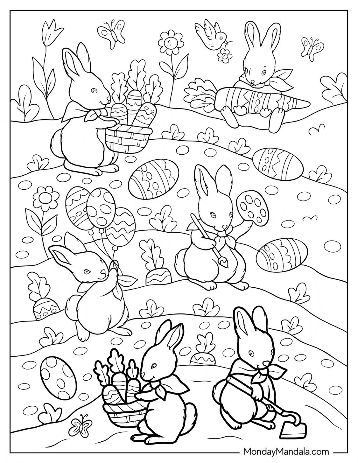 Easter Coloring Page Of Rabbits Harvesting Carrots And Easter Eggs