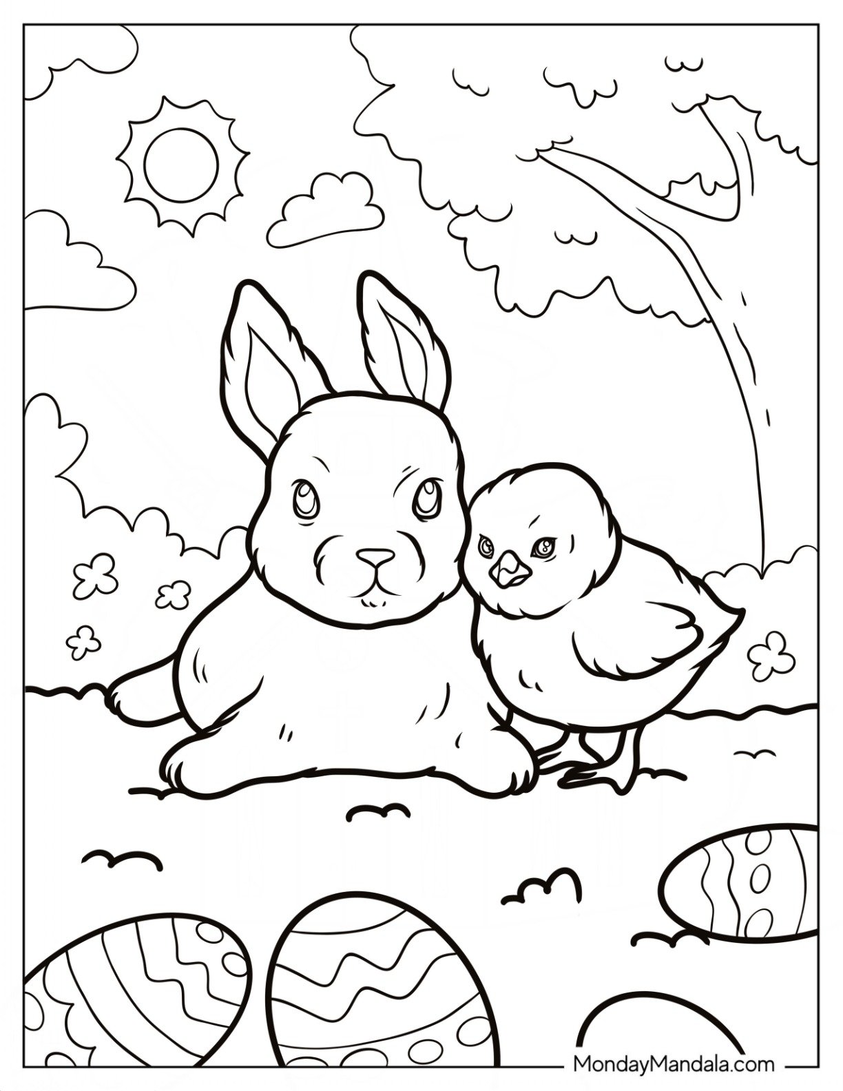 Easter Coloring Page Of Realistic Bunny And Chick On The Grass With Easter Eggs