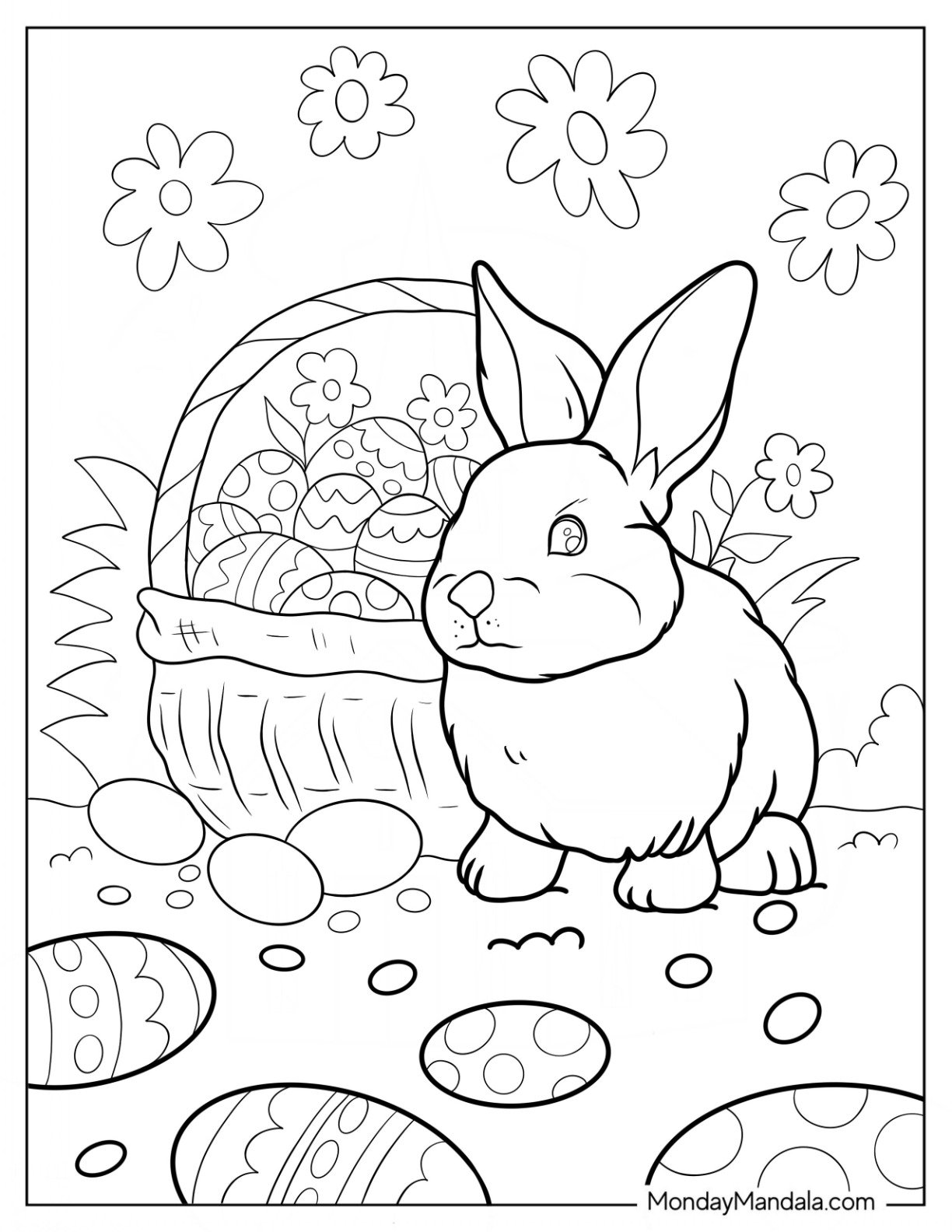 Easter Coloring Page Of Realistic Bunny Next To Basket Of Easter Eggs