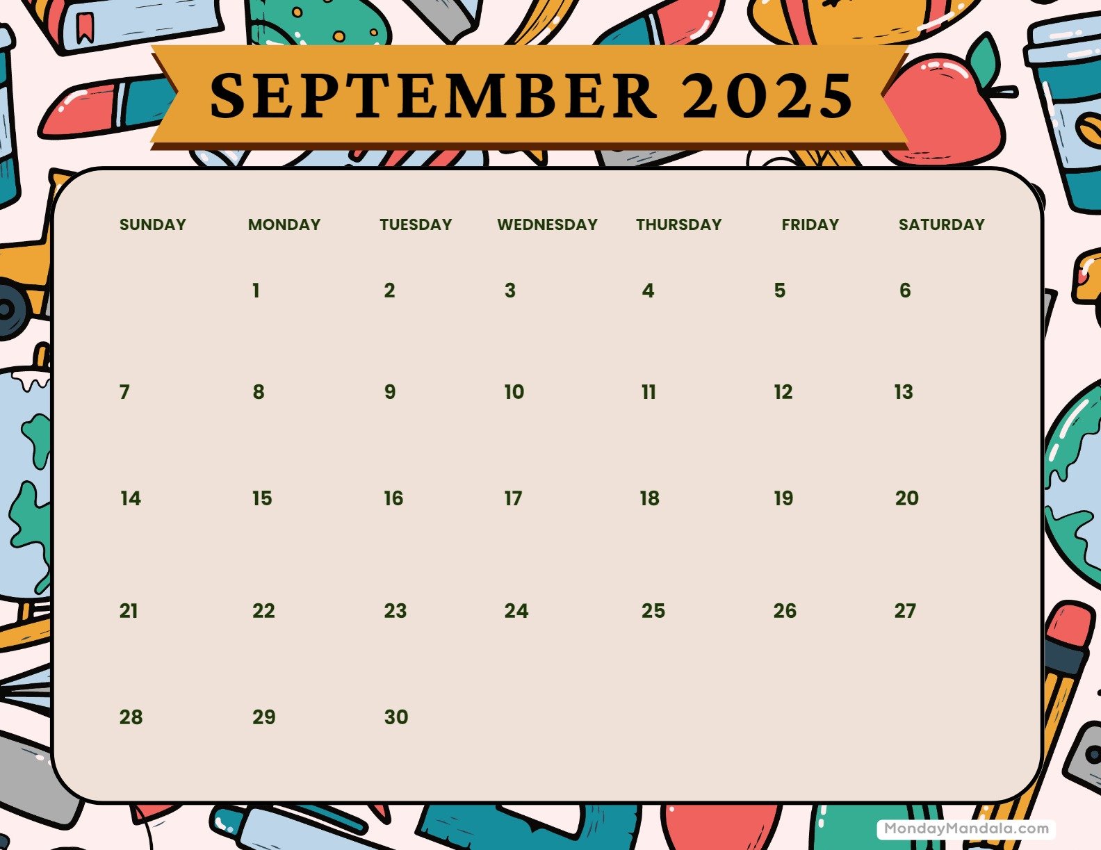September 2025 Calendar Printable Academic Landscape
