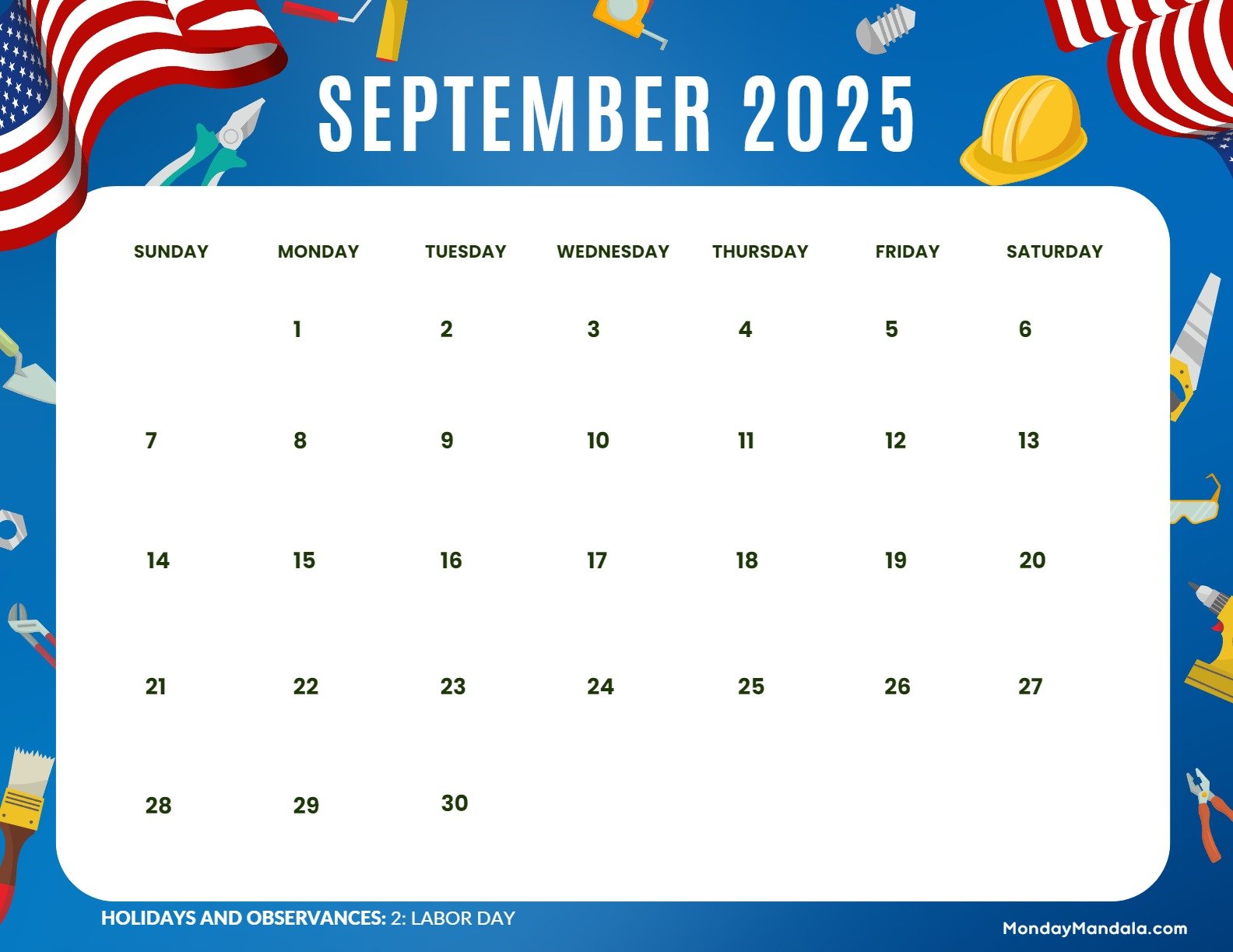 September 2025 Calendar Printable Labor Day 2 Landscape