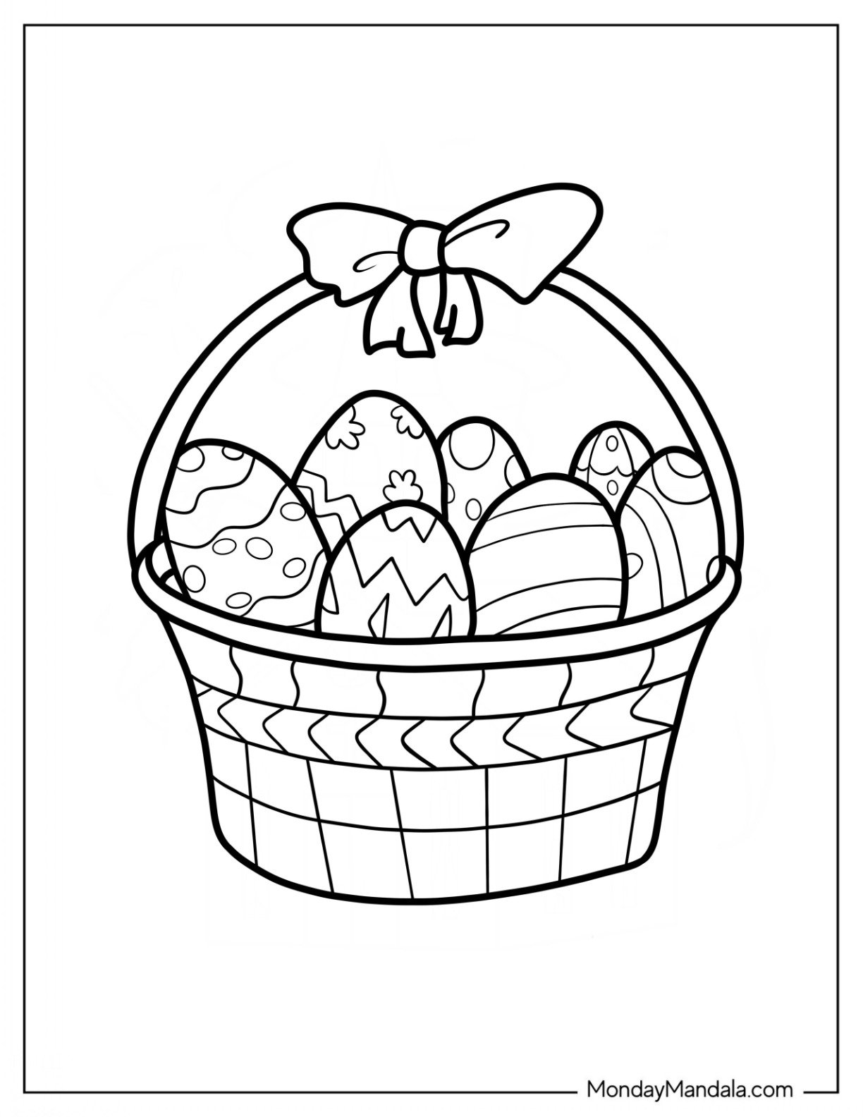 Easter Coloring Page Of  Simple Easter Eggs In A Large Basket For Kids
