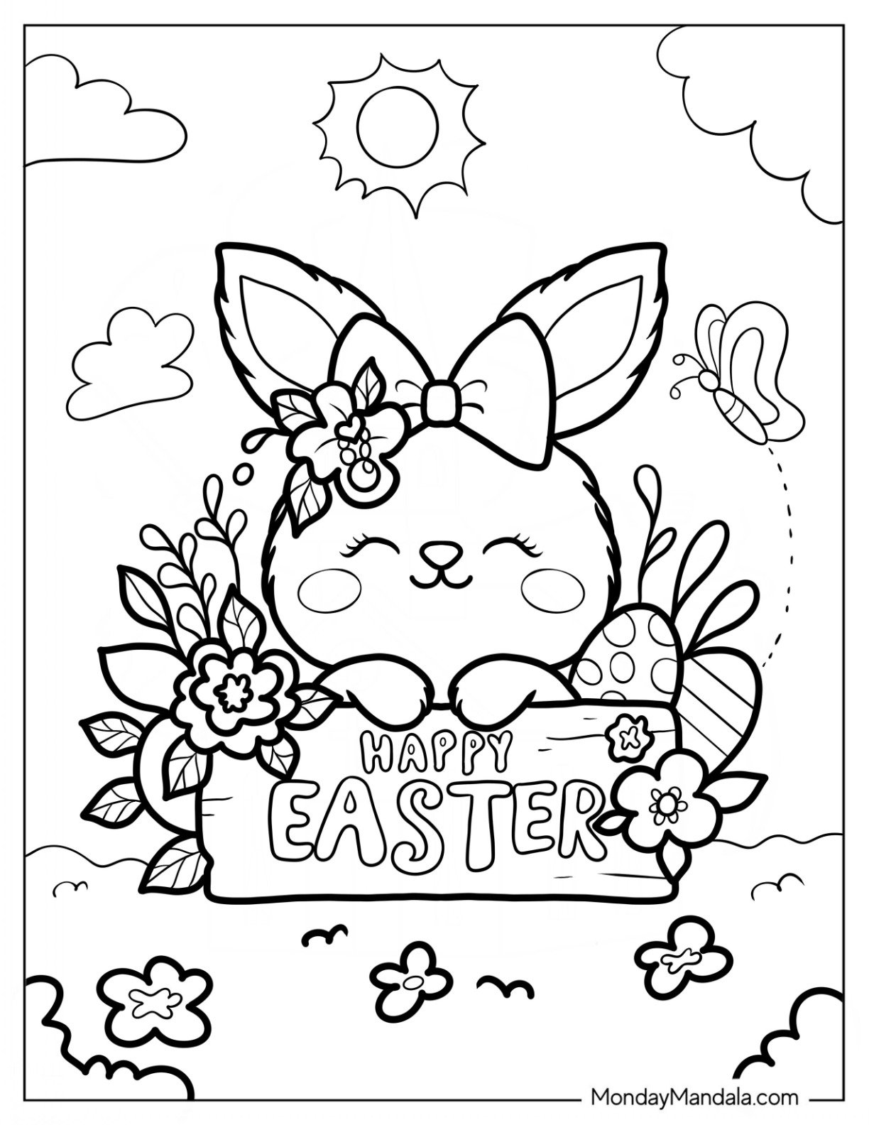 Easter Coloring Page Of Smiling Bunny Holding Happy Easter Sign For Kids