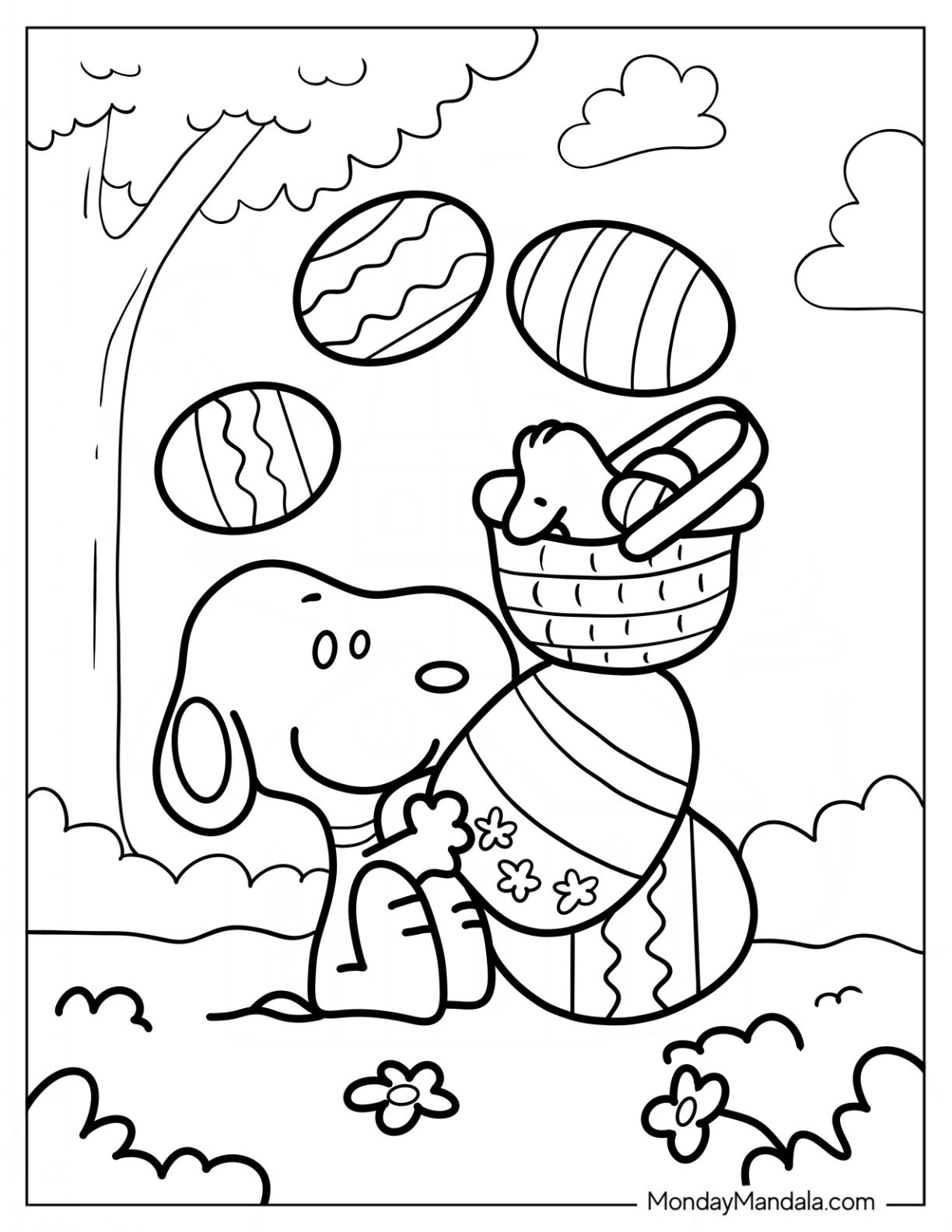 Easter Coloring Page Of Snoopy Balancing Easter Eggs With Woodstock On Top