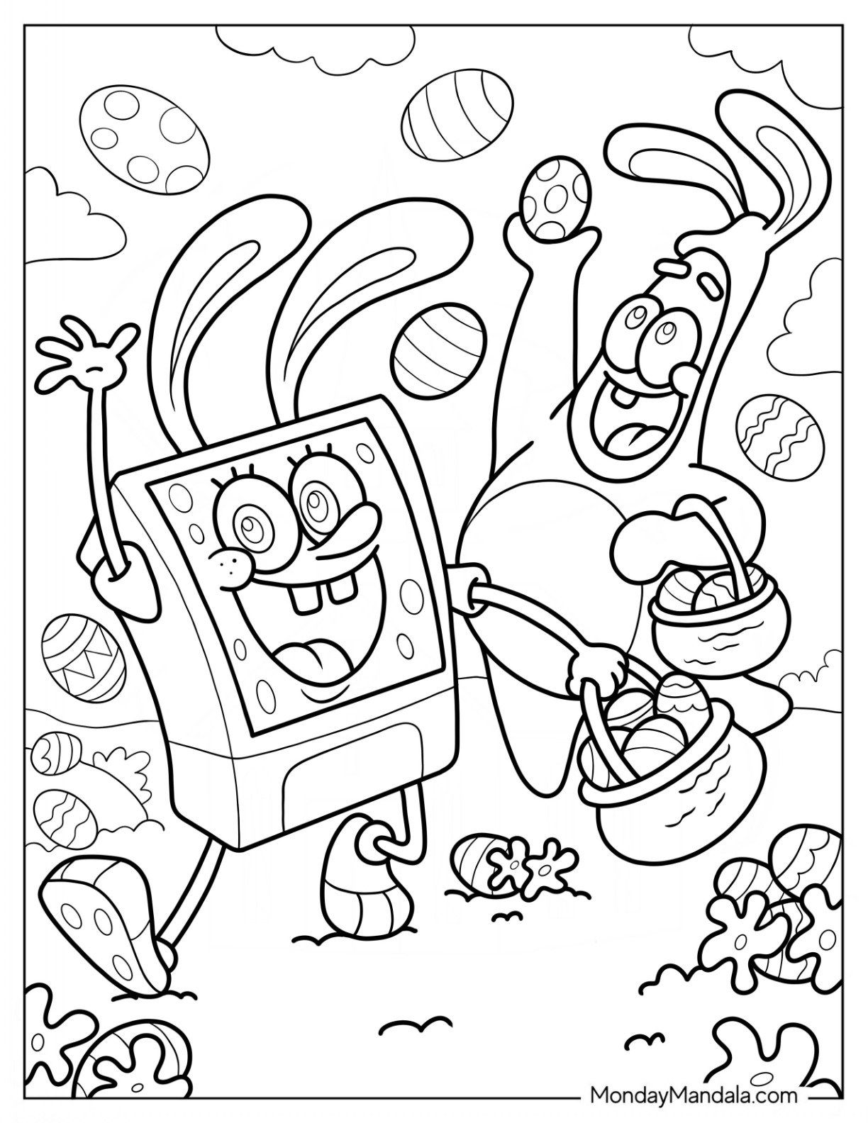 Easter Coloring Page Of SpongeBob And Patrick Star Throwing Easter Eggs