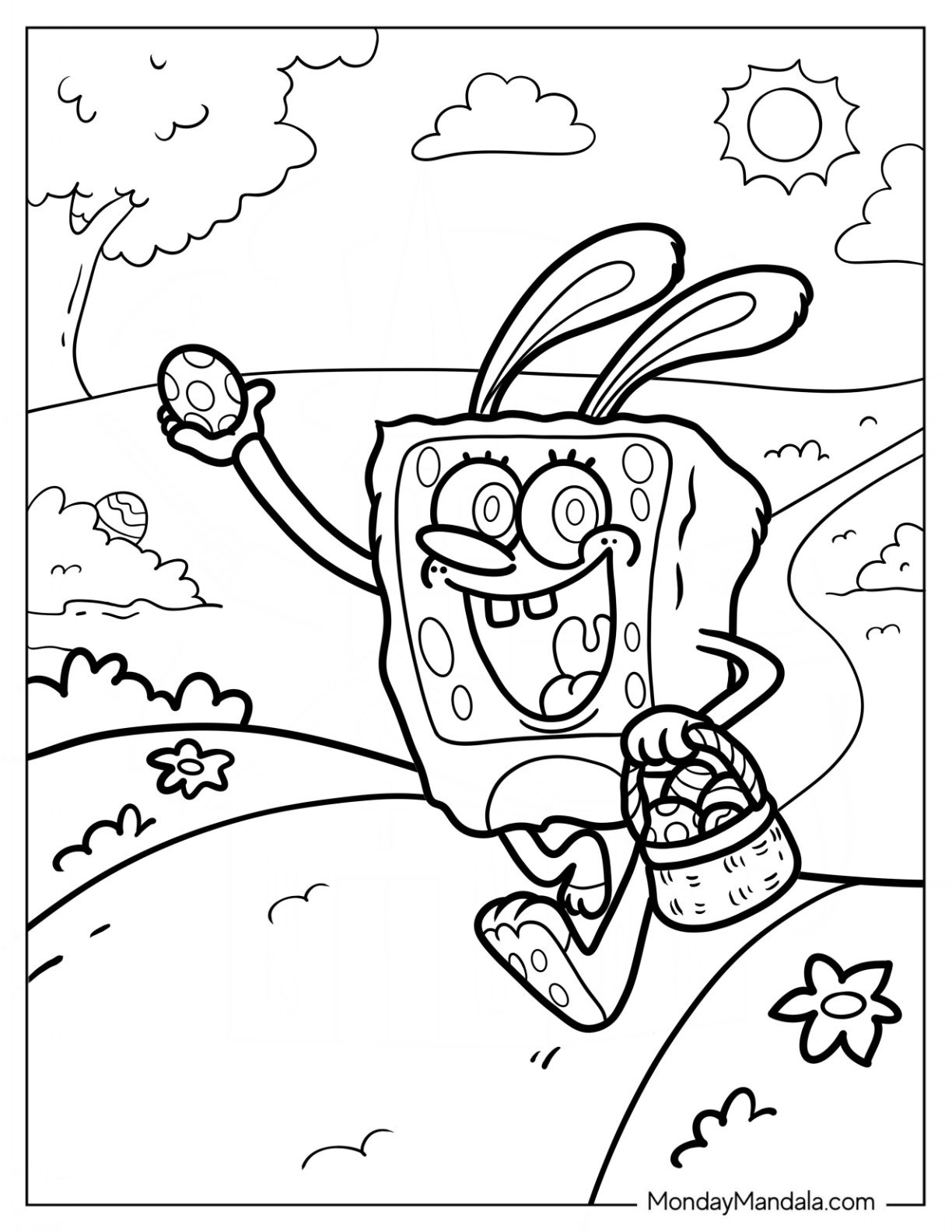 Easter Coloring Page Of SpongeBob In Bunny Costume Running With Easter Eggs