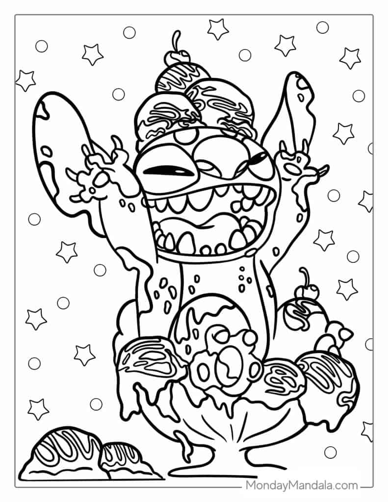 Stitch Playing In a Bowl Of Ice Cream To Color